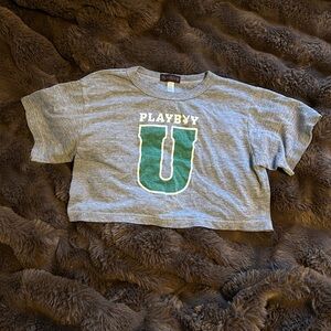 PLAYBOY Gray Crop Tee with Green 'U' Graphic